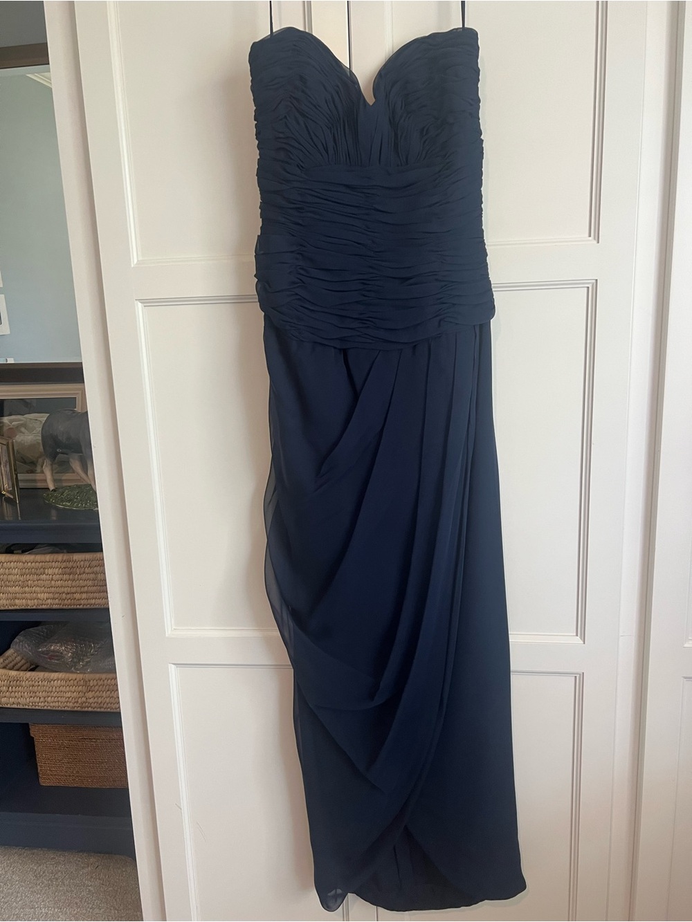 Victor Costa Strapless Navy Ruched Evening Gown